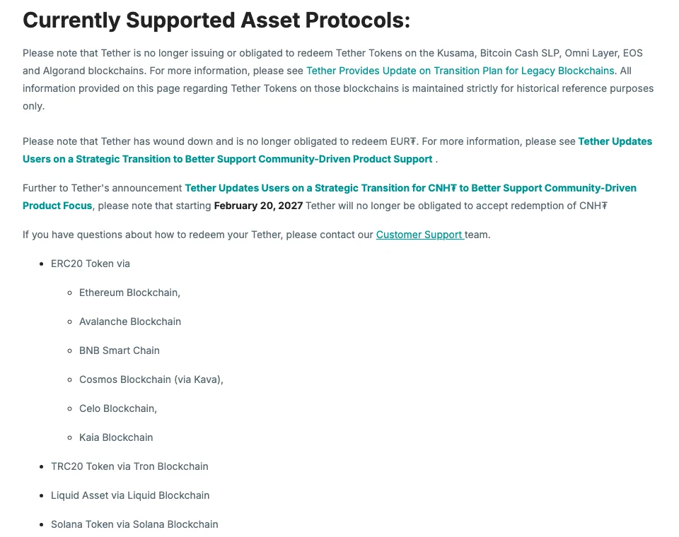 Tether 官网支持协议页面,列出 ERC20、TRC20 等在用网络,并说明已停止在 Omni、EOS、Algorand 等链上发行
