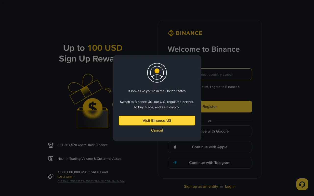 Binance's sign-up page with a pop-up that reads "It looks like you're in the United States" and a "Visit Binance.US" button, with the registration form dimmed behind it