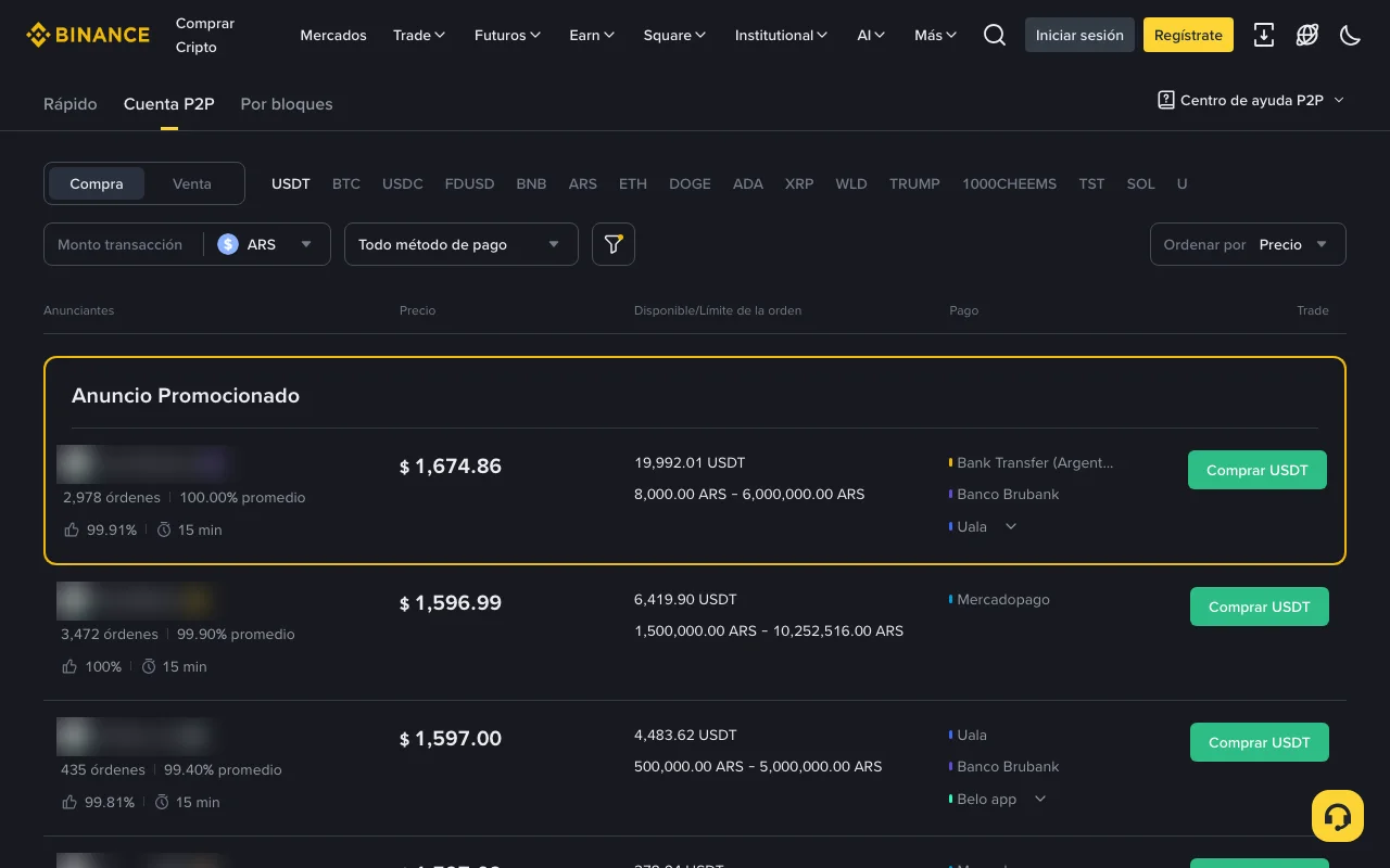 Mercado P2P de Binance para comprar USDT con pesos argentinos: cada anuncio muestra precio, USDT disponible, límites por orden y medios de pago, y debajo del nombre del anunciante (difuminado) la cantidad de órdenes y el porcentaje de finalización