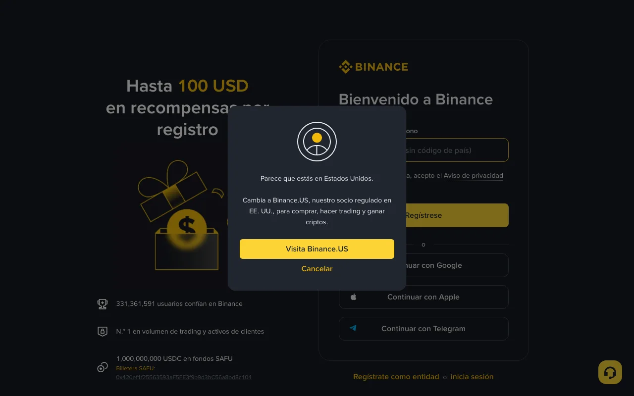 Página de registro de Binance en español con una ventana emergente que dice «Parece que estás en Estados Unidos» y el botón «Visita Binance.US»