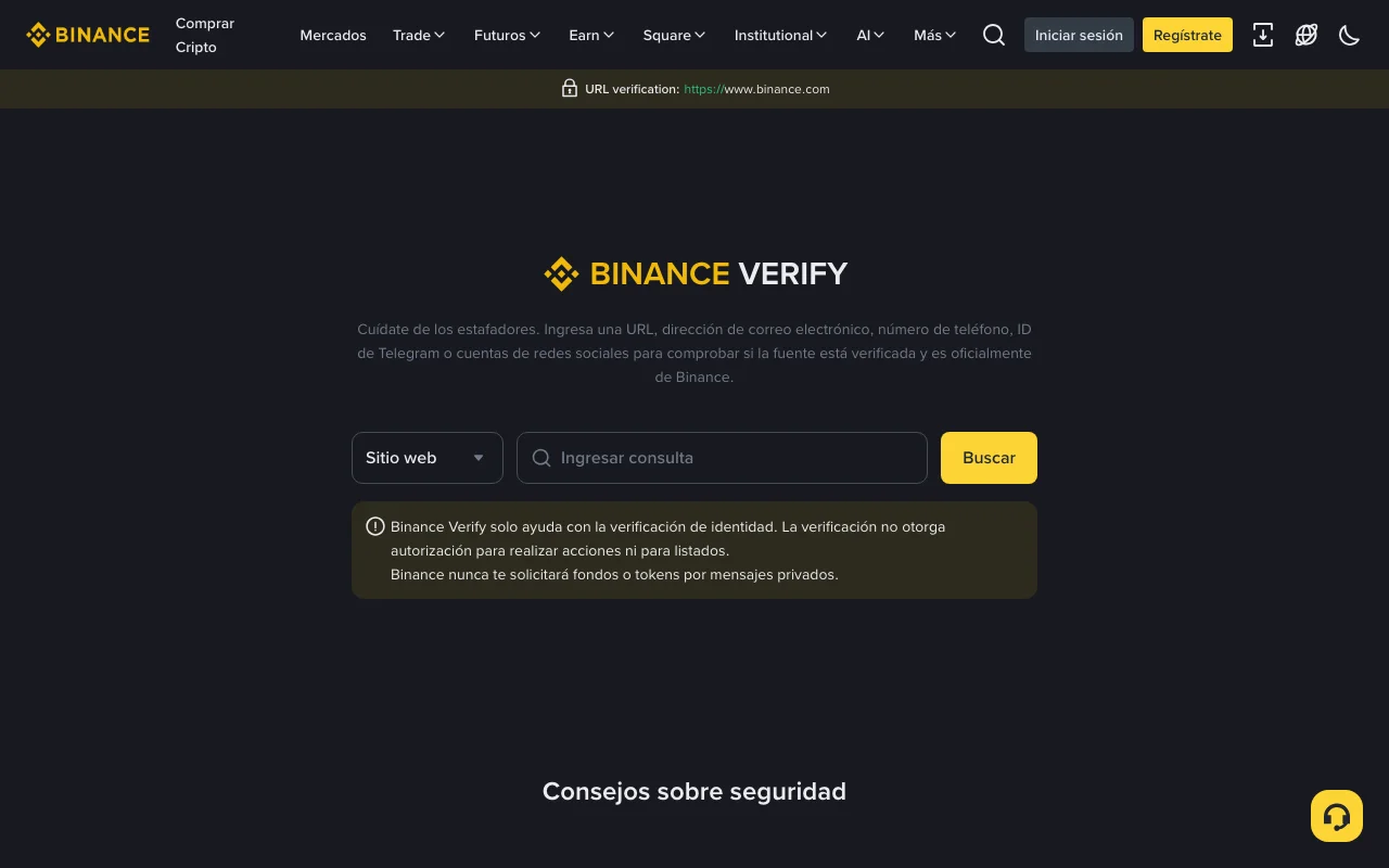 Página Binance Verify en español con el selector «Sitio web», el campo de consulta y el botón «Buscar», sobre el aviso de que Binance nunca te solicitará fondos o tokens por mensajes privados
