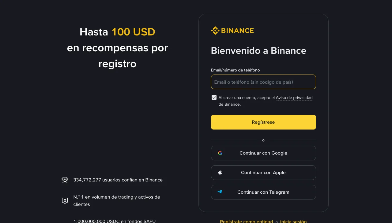 Página de registro de Binance en español: campo "Email/número de teléfono", casilla de aviso de privacidad y botón amarillo "Regístrese", con las opciones de continuar con Google, Apple o Telegram debajo. El rompecabezas aparece después de tocar ese botón.