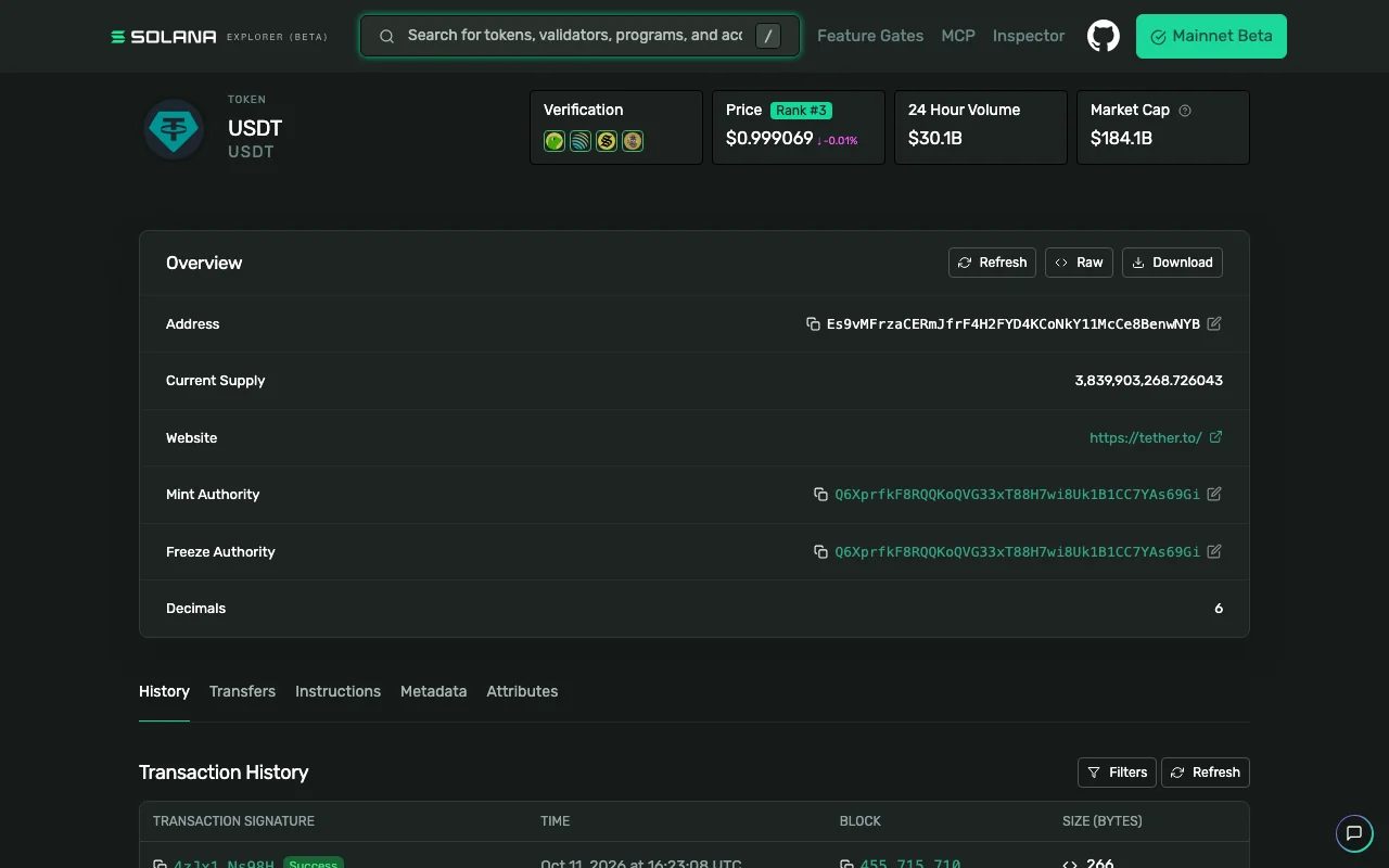 explorer.solana.com token page titled USDT, with an Overview panel listing Address Es9vMFrzaCERmJfrF4H2FYD4KCoNkY11McCe8BenwNYB, Current Supply, Website https://tether.to/, Mint Authority, Freeze Authority and Decimals 6