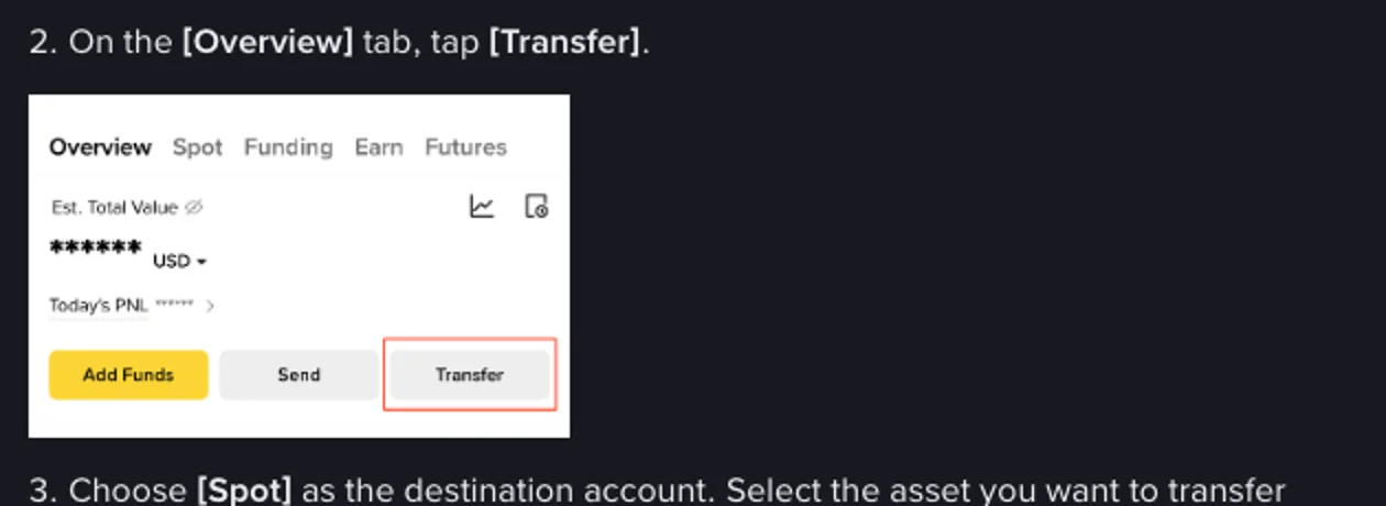 币安 App 资产页总览标签，余额已隐藏，下方三个按钮依次是 Add Funds、Send、Transfer，其中 Transfer 被红框标出