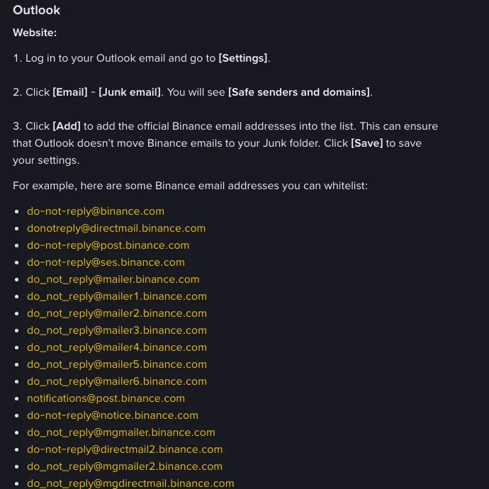 Outlook steps from Binance's "How to Whitelist Binance Emails?" article: Settings, Email, Junk email, Safe senders and domains, followed by the list of official Binance sending addresses