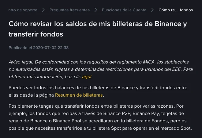 Comienzo del artículo de ayuda de Binance "Cómo revisar los saldos de mis billeteras de Binance y transferir fondos", publicado el 2020-07-02: dice que los fondos recibidos por Binance P2P, Binance Pay, tarjetas de regalo o Binance Pool se acreditan en la billetera de Fondos y que puede hacer falta transferirlos a la billetera Spot