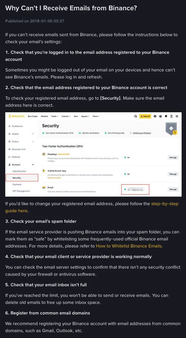 Binance help center article "Why Can't I Receive Emails from Binance?" showing its six numbered checks, including the Security page where the registered email address is displayed