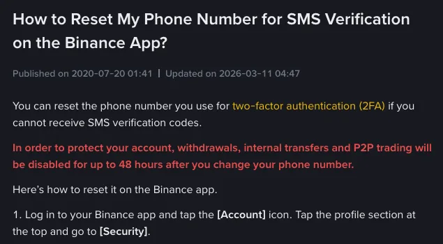 Binance help center article on resetting the SMS phone number, with a red notice that withdrawals, internal transfers and P2P trading will be disabled for up to 48 hours after the number is changed