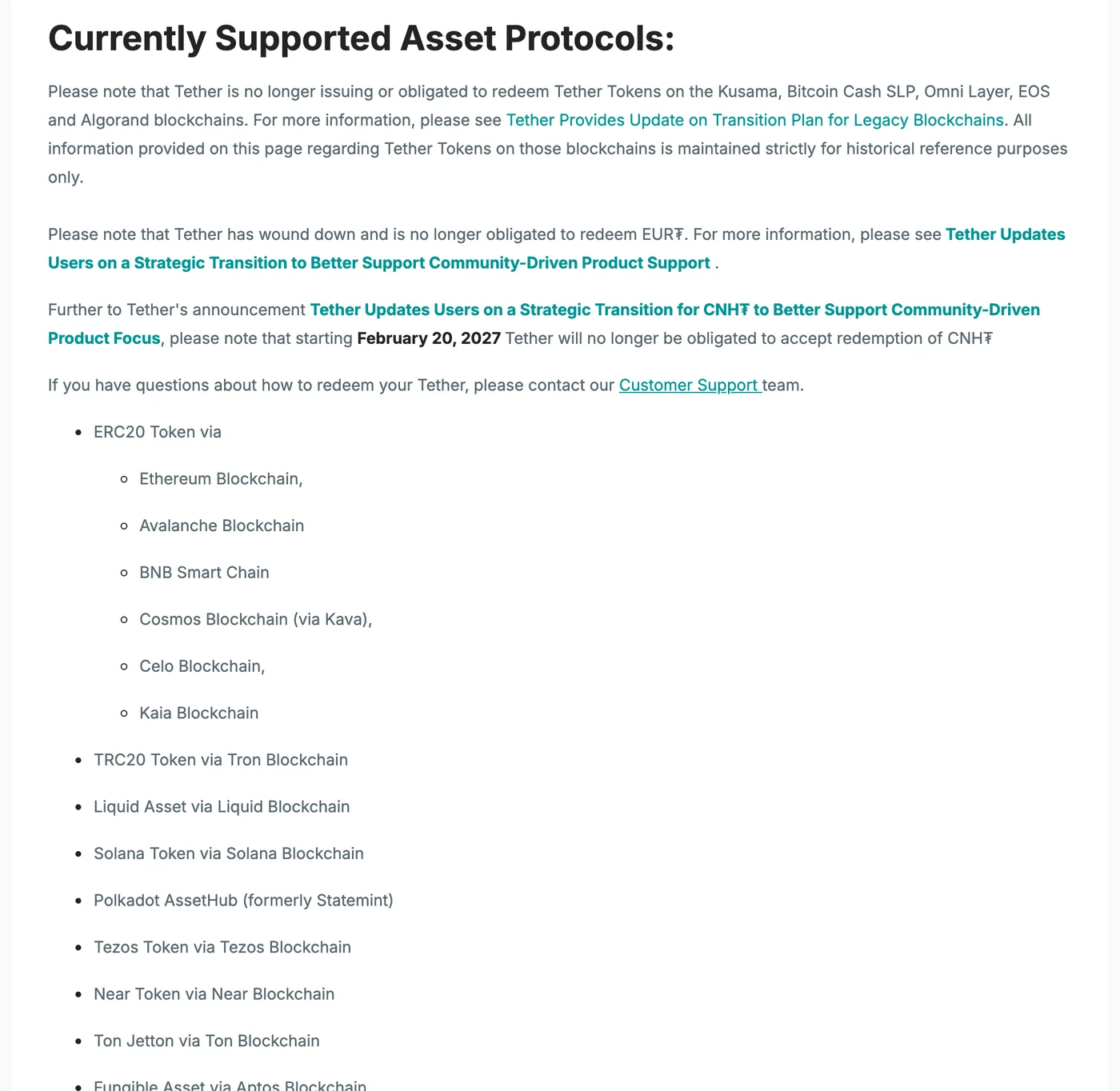 Tether's Supported Protocols page listing the current asset protocols: ERC20 via Ethereum, Avalanche, BNB Smart Chain, Kava, Celo and Kaia; TRC20 via Tron; plus Liquid, Solana, Polkadot AssetHub, Tezos, Near, Ton and Aptos, under a notice that Tether no longer issues on Kusama, Bitcoin Cash SLP, Omni Layer, EOS and Algorand