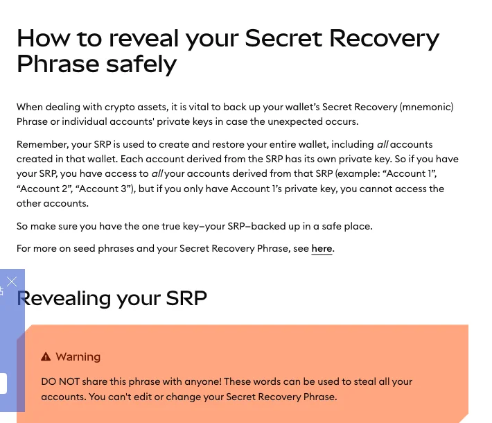 MetaMask 官方帮助中心 Reveal your Secret Recovery Phrase safely 页面，正文说明助记词可恢复该钱包下的全部账户，单个账户私钥只能访问该账户，下方橙色警告框写明不要把助记词告诉任何人