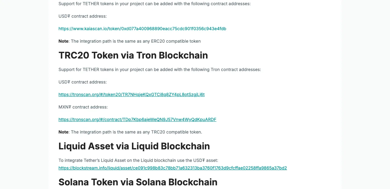 Sección TRC20 de la página Supported Protocols de Tether, con el enlace al contrato de USD₮ TR7NHqjeKQxGTCi8q8ZY4pL8otSzgjLj6t en Tronscan y, debajo, el contrato de MXN₮