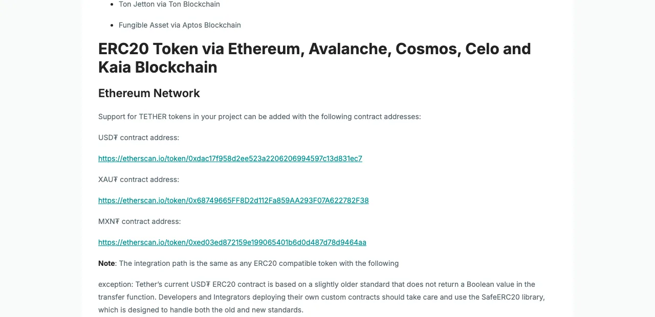 Sección Ethereum Network de la página de Tether: contrato de USD₮ 0xdac17f958d2ee523a2206206994597c13d831ec7, seguido de los contratos de XAU₮ y MXN₮