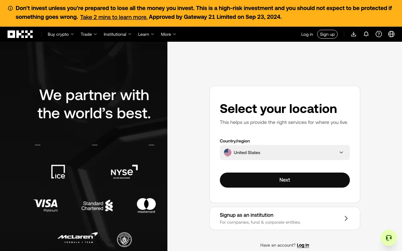 OKX sign-up page titled "Select your location", with a Country/region drop-down showing United States and a Next button, below a UK high-risk investment warning banner