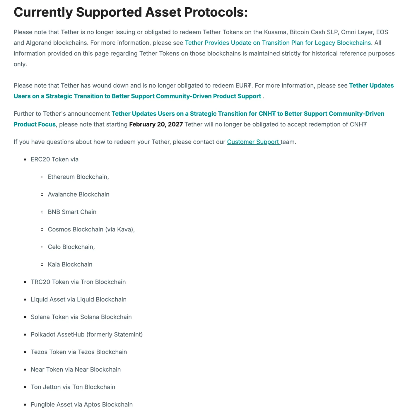 Lista "Currently Supported Asset Protocols" de la página de Tether: ERC20 en Ethereum, Avalanche, BNB Smart Chain, Kava, Celo y Kaia; TRC20 en Tron; Solana, Ton, Aptos y otras, con el aviso de que ya no emite en Omni, EOS ni Algorand