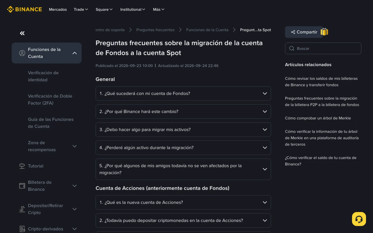 Artículo del centro de soporte de Binance "Preguntas frecuentes sobre la migración de la cuenta de Fondos a la cuenta Spot", publicado el 2026-09-23 y actualizado el 2026-09-24, con las secciones General y Cuenta de Acciones (anteriormente cuenta de Fondos)