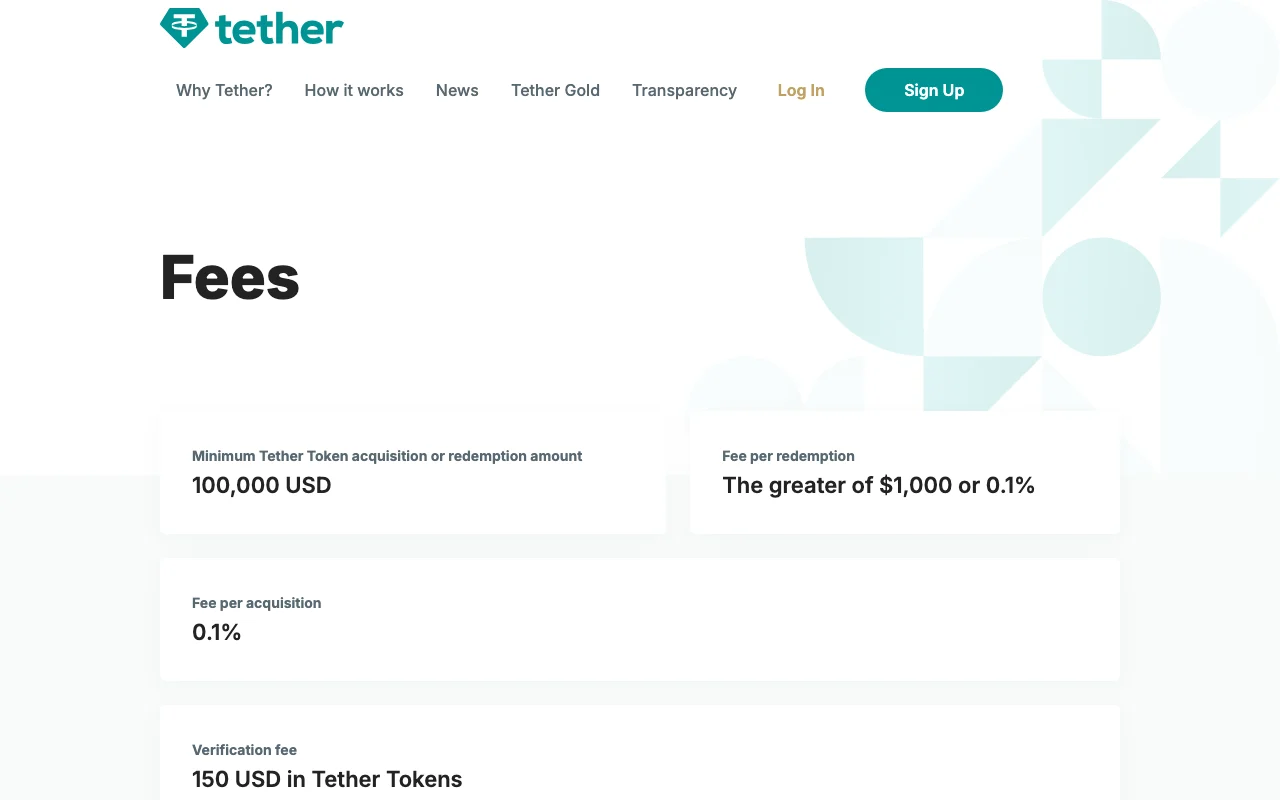 Página de comisiones de Tether: monto mínimo para adquirir o canjear tokens de 100.000 USD, comisión por canje de 1.000 USD o 0,1% (lo que sea mayor), comisión por adquisición de 0,1% y verificación de 150 USD en tokens de Tether