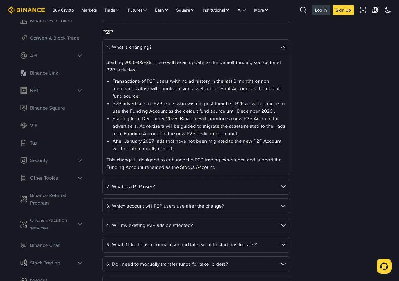 P2P section of Binance's Funding Account to Spot Account migration FAQ with the question "What is changing?" expanded: from 2026-09-29, transactions of P2P users prioritize assets in the Spot Account, advertisers keep using the Funding Account until December 2026, and a new P2P Account for advertisers starts in December 2026