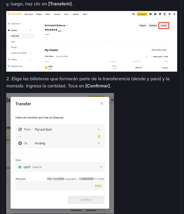Imagen de ejemplo del artículo de ayuda de Binance: ventana Transfer del sitio web con el texto "Internal transfers are free on Binance", From "Fiat and Spot", To "Funding", un botón de flechas para invertir las cuentas, la moneda USDT y el botón Confirm