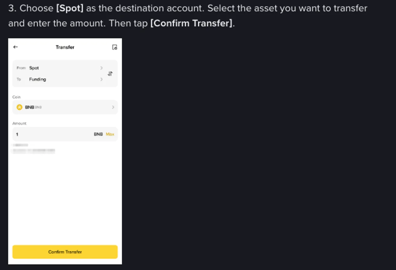 币安 App 划转页面，From 显示 Spot、To 显示 Funding，右侧有上下箭头的对调按钮，币种为 BNB，数量为 1，底部是黄色的 Confirm Transfer 按钮